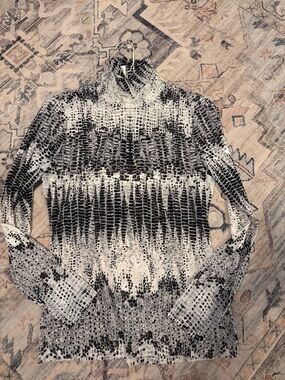 White House Black Market Black and White Snakeskin-Print Turtleneck Top/sheer
